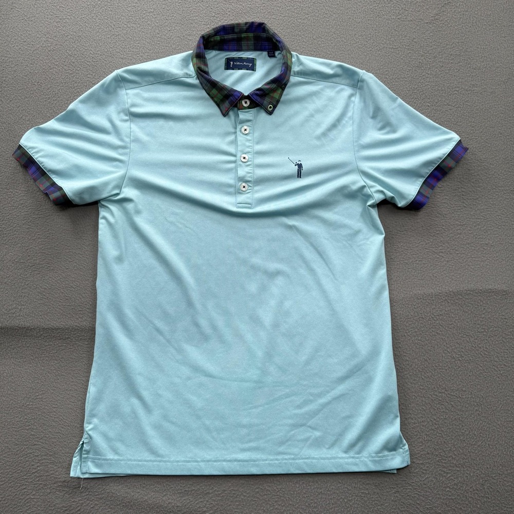 William Murray Polo Shirt Mens Small Blue Tartan Collar Golf Performance Stretch